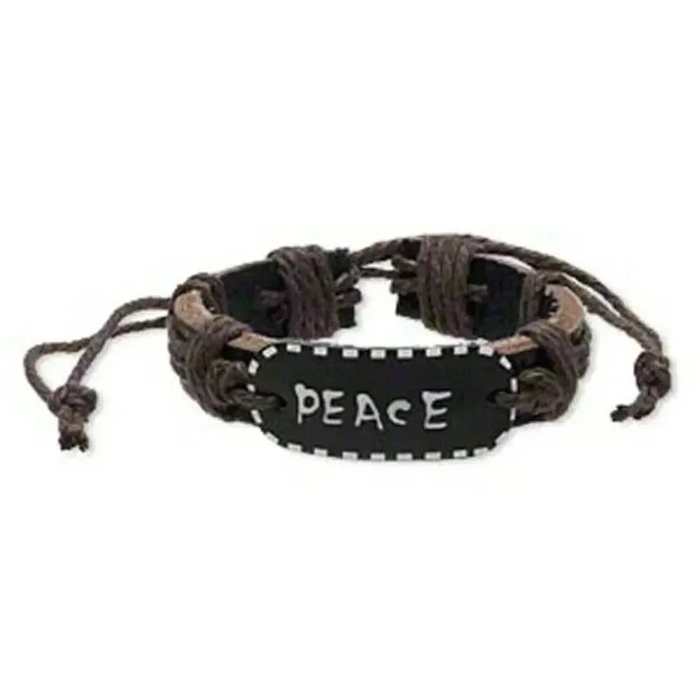 Handmade Leather Peace Affirmation Bracelet Black Brown White Adjustable